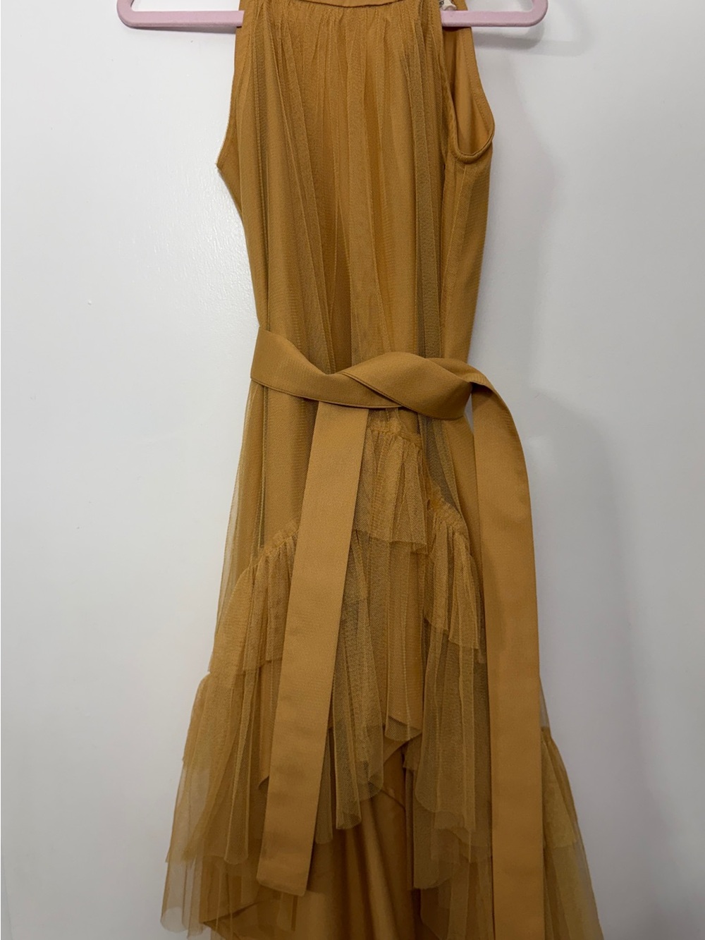 Joyfolie Mustard Tiered Tulle Belted Formal Dress